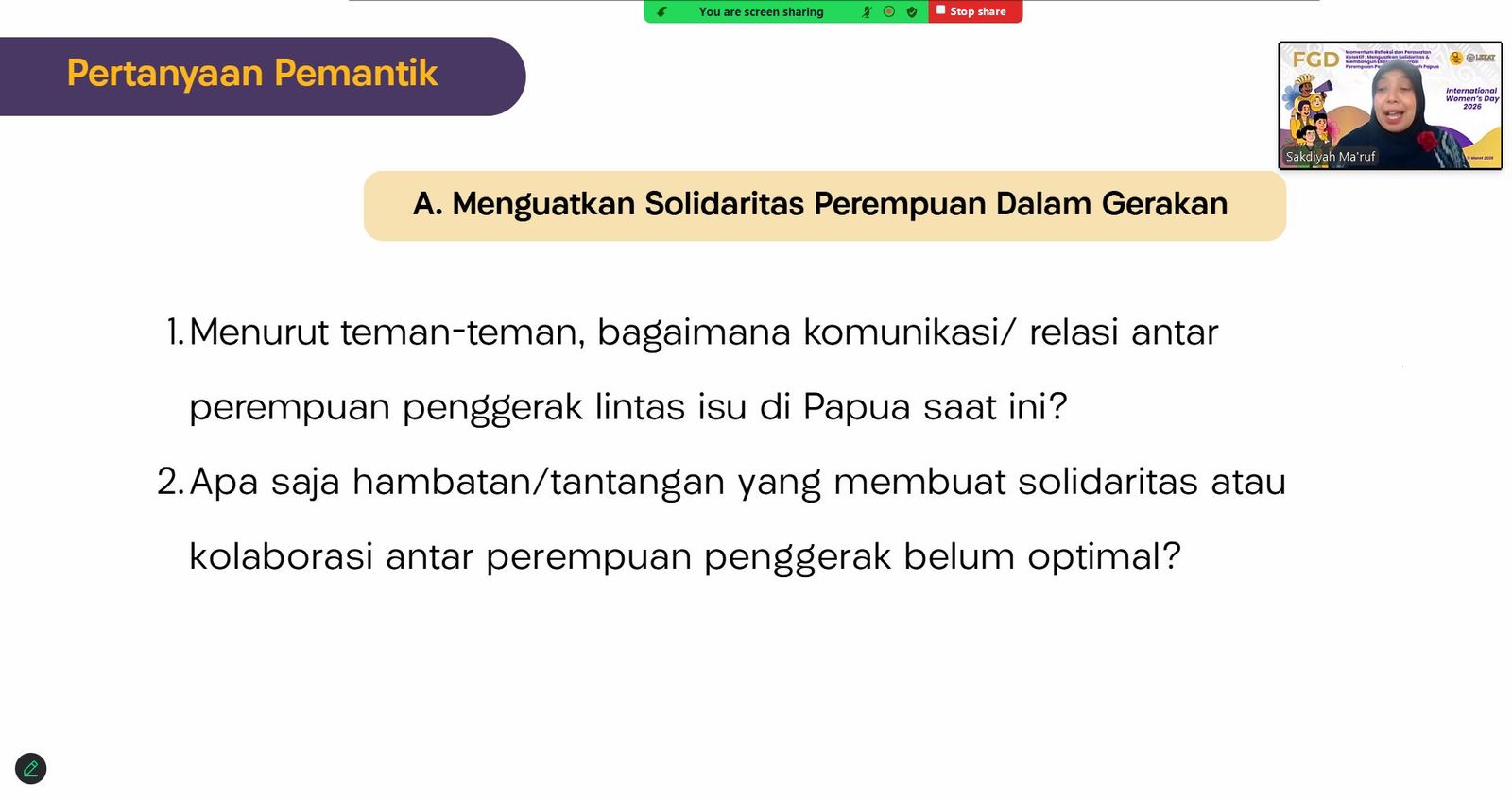 Focus Group Discussion (FGD) Online "MENGUATKAN SOLIDARITAS & MEMBANGUN EKOSISTEM NARASI PEREMPUAN PENGGERAK DI TANAH PAPUA" (11 Maret 2026)