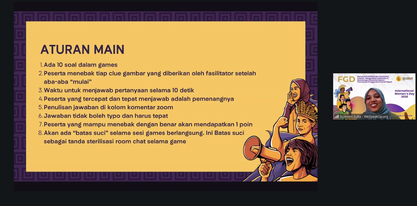 Focus Group Discussion (FGD) Online "MENGUATKAN SOLIDARITAS & MEMBANGUN EKOSISTEM NARASI PEREMPUAN PENGGERAK DI TANAH PAPUA" (11 Maret 2026)